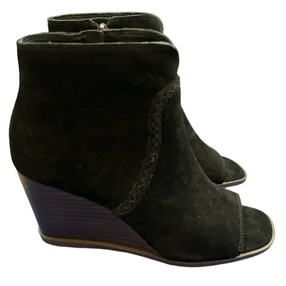 Lucky Brand Black Lureli Peep-Toe Platform Wedge Suede Bootie Size 7.5 - Picture 4 of 11